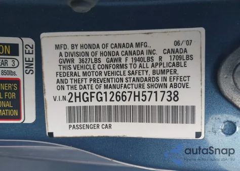 2007 Honda Civic Lx из США, поврежденный, VIN 2HGFG12667H571738